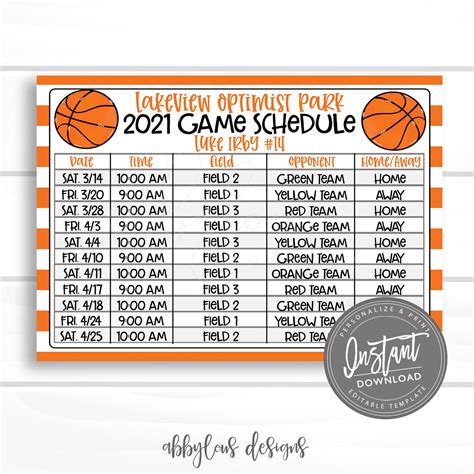 Basketball Game Schedule Template
